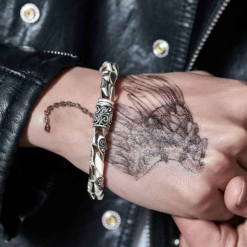 Handmade Vintage Punk High Polished Auspicious Flowers Embossed Silver Bracelet - iRelax® Australia