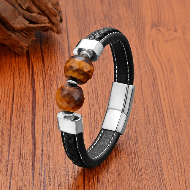 Tiger Eye Natural Stone Leather Bracelet Silver Metal - iRelax® Australia