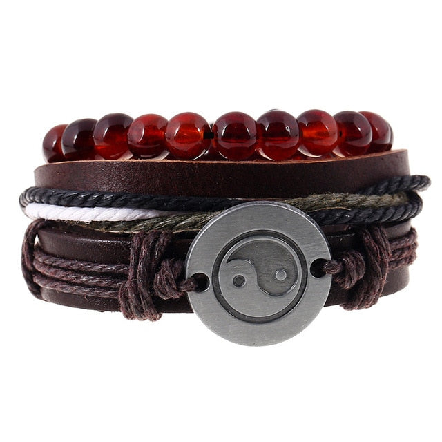 Punk Leather Handmade Charm Bracelet Yin Yang with Red Beads - iRelax® Australia
