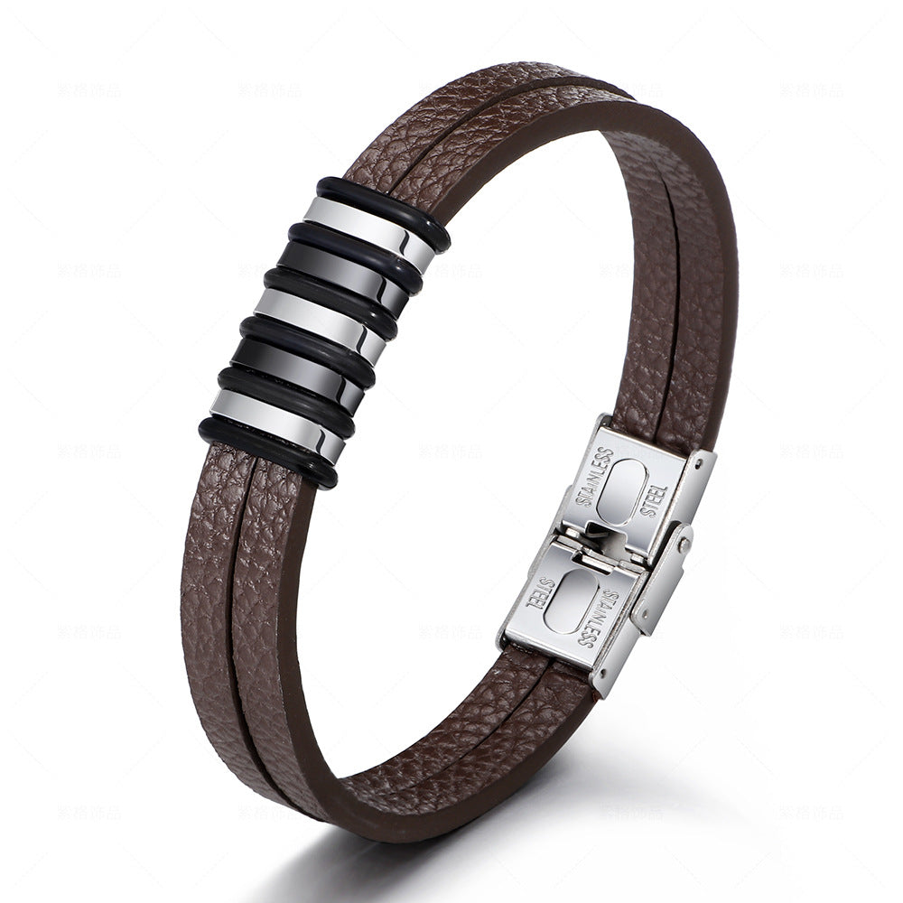 Stainless Steel Men's Leather Bracelet Brown - iRelax® Australia