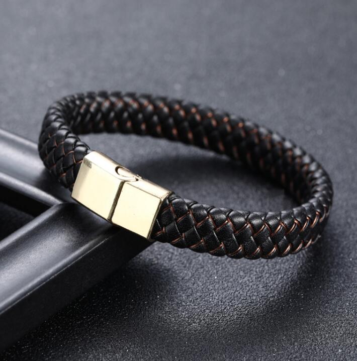 Braided Leather Bracelet with Stainless Steel Magnetic Clasp Gold Clasp Black Brown - iRelax® Australia