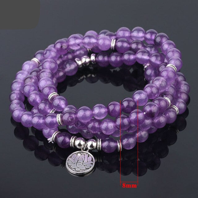 Natural Stone 108 Mala Bead Purple Crystal Wrap Lotus - 8mm - iRelax® Australia