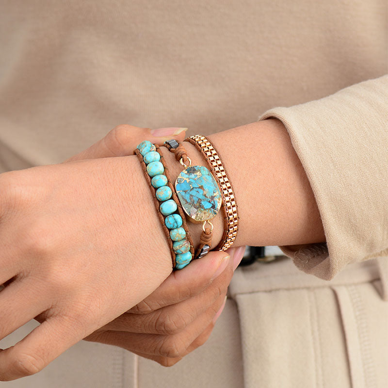 Boho Turquoise Triple Wrap Hand Braided Leather Cord Bracelet - iRelax® Australia