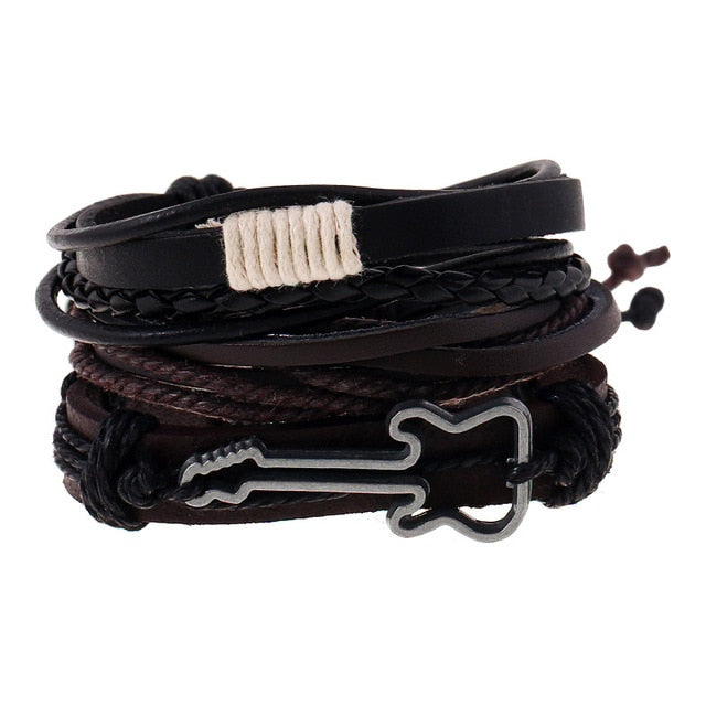 Punk Leather Handmade Charm Bracelet Guitar with Black Leather - iRelax® Australia