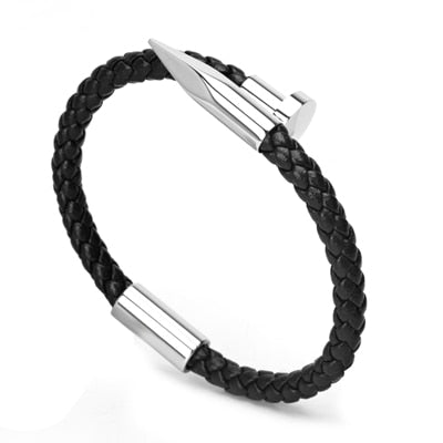 Stainless Steel Nail-Shapped Leather Bracelet Silver - iRelax® Australia