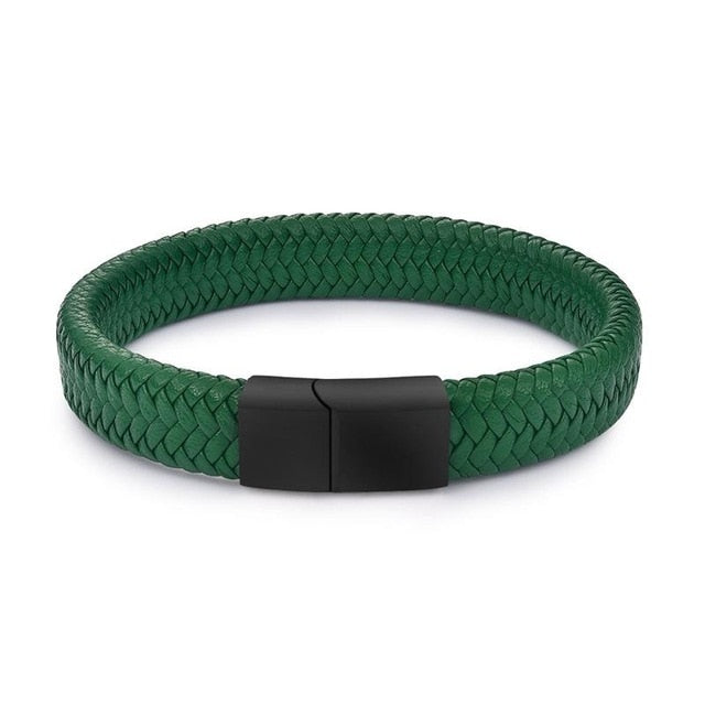 Braided Leather Bracelet with Stainless Steel Magnetic Clasp Green with Black Clasp - iRelax® Australia