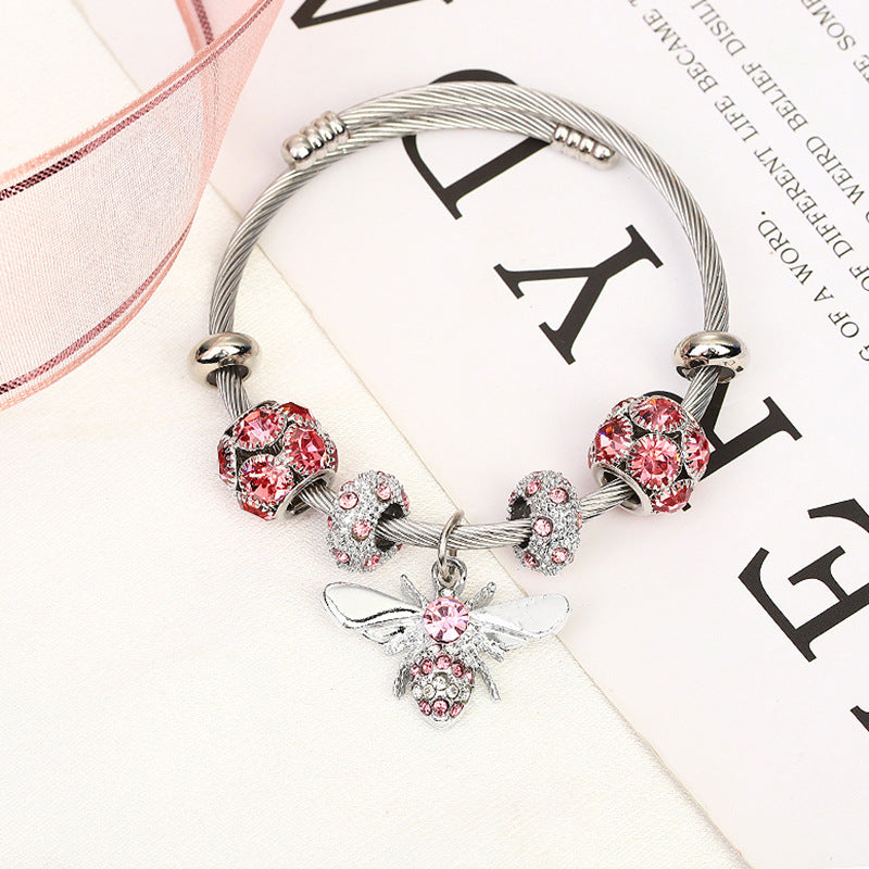 Titanium Steel Adjustable Bee Sparkling Ball Bracelet Steel Pink - iRelax® Australia