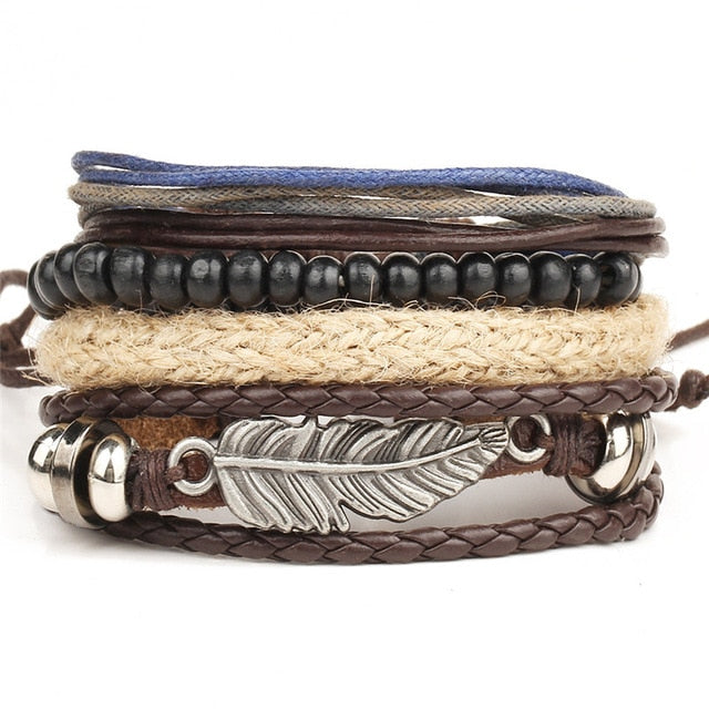 Punk Leather Handmade Charm Bracelet Leaf with Black Beads - iRelax® Australia