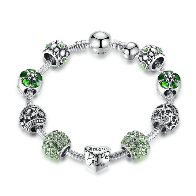 Silver Charm Bracelet with Love and Flower Beads Green - iRelax® Australia