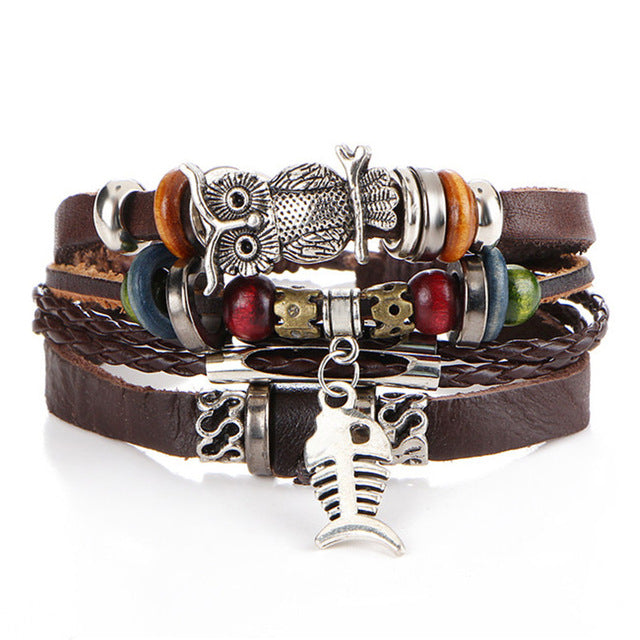 2pcs Tibet Stone Feather Multilayer Leather Bracelet Owl & Fish - iRelax® Australia
