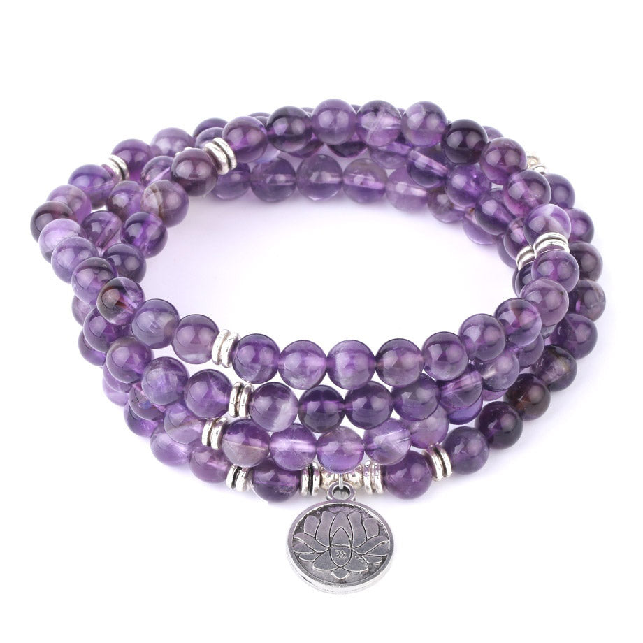 Natural Stone 108 Mala Bead Purple Crystal Wrap Lotus - 6mm - iRelax® Australia