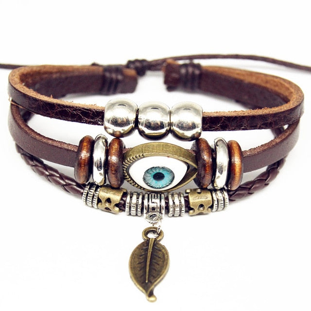 Punk Leather Handmade Charm Bracelet Brown Leaf & Eye - iRelax® Australia