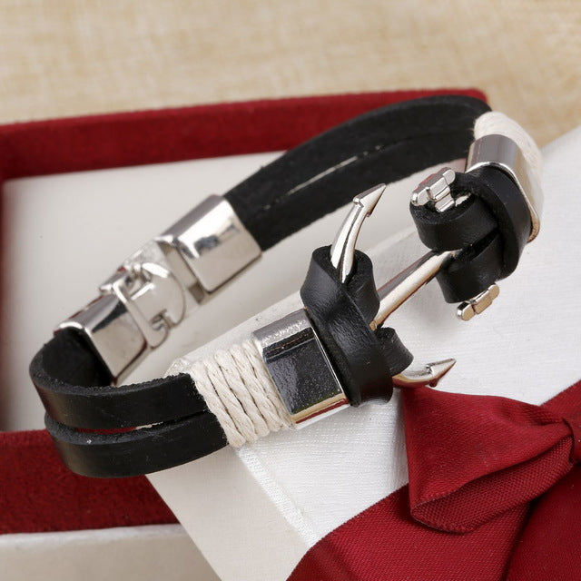 Anchor Leather Braided Bracelet Black Hook - iRelax® Australia