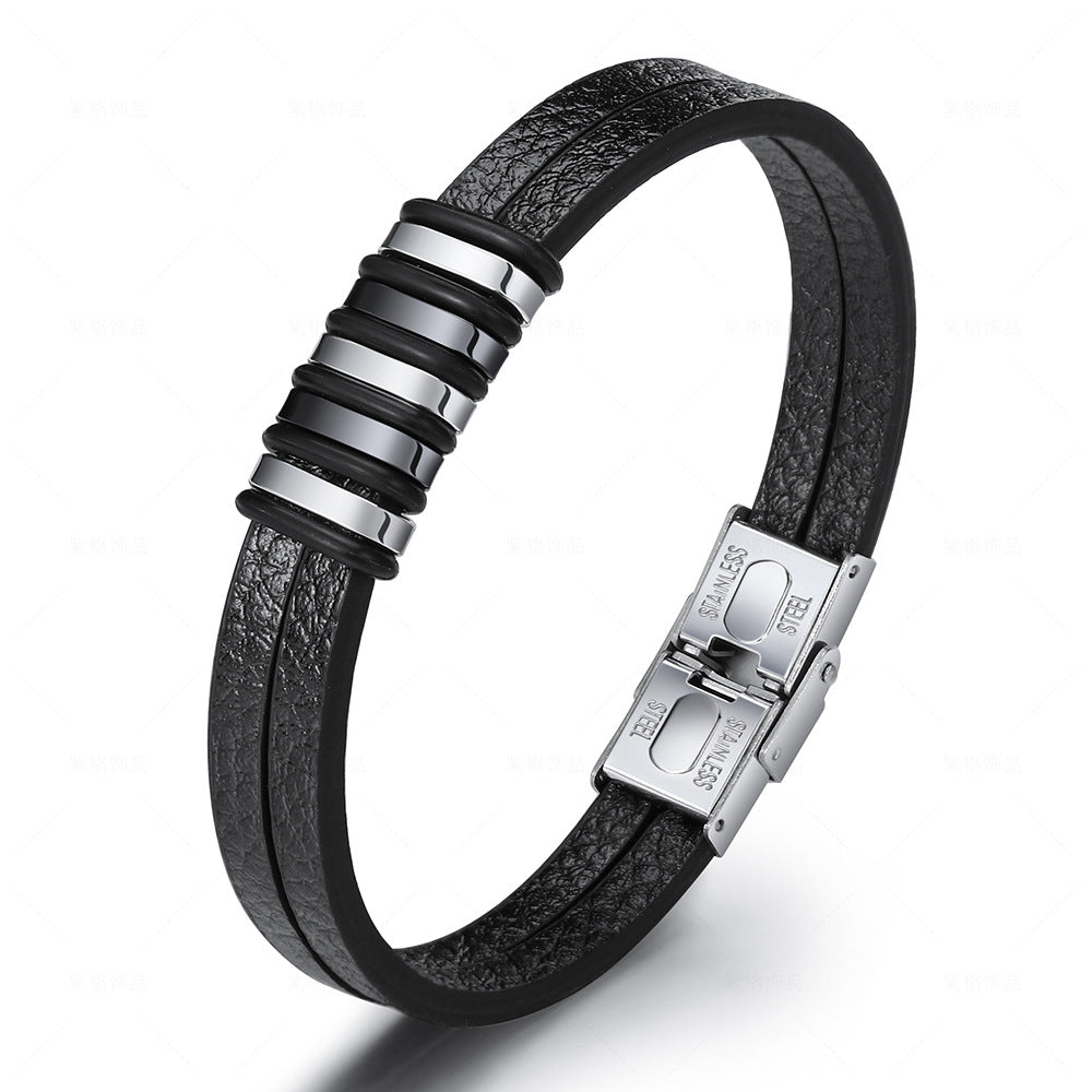 Stainless Steel Men's Leather Bracelet Black - iRelax® Australia