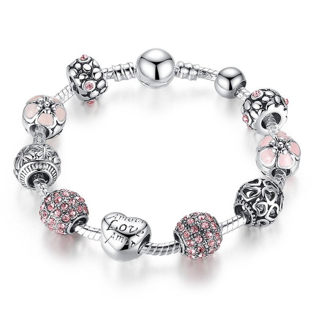 Silver Charm Bracelet with Love and Flower Beads Pink - iRelax® Australia