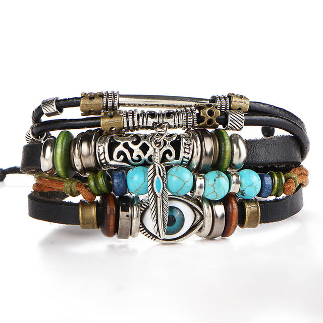 2pcs Tibet Stone Feather Multilayer Leather Bracelet Leaf & Eye - iRelax® Australia