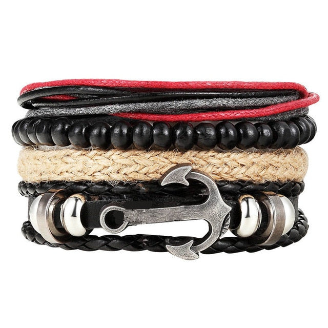 Punk Leather Handmade Charm Bracelet Anchor with Black Beads - iRelax® Australia
