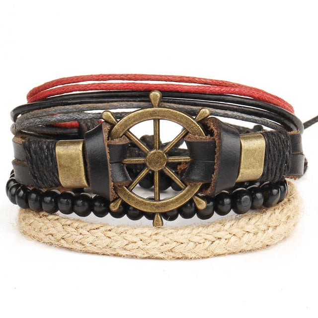 Punk Leather Handmade Charm Bracelet Boat Wheel with Black Beads - iRelax® Australia