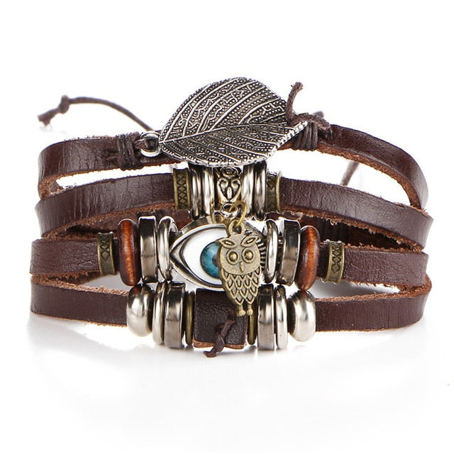 2pcs Tibet Stone Feather Multilayer Leather Bracelet Leaf & Owl - iRelax® Australia