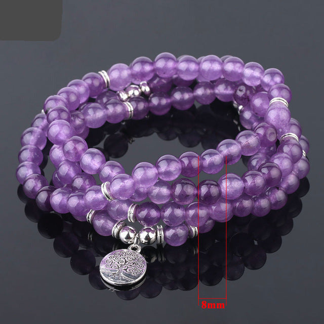 Natural Stone 108 Mala Bead Purple Crystal Wrap Tree - 8mm - iRelax® Australia