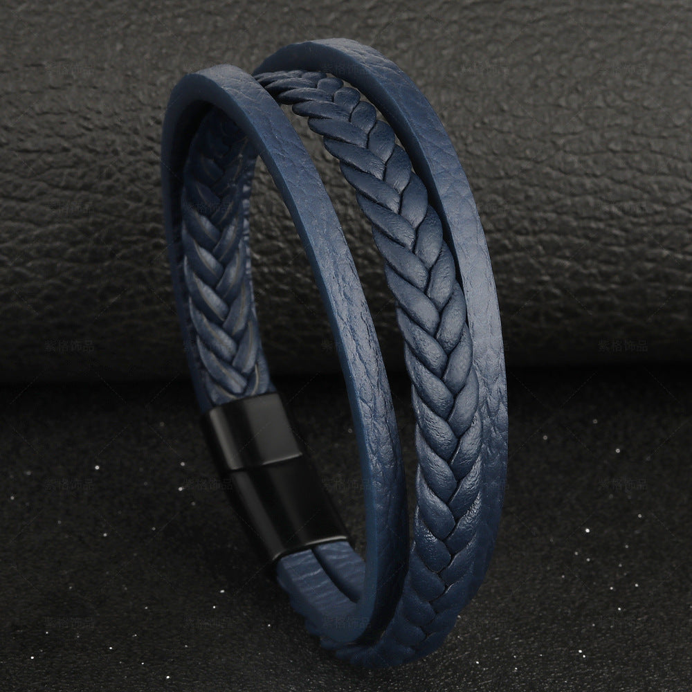 Vintage Leather Rope Braided Ethnic Wind Magnetic Buckle Bracelet Blue - iRelax® Australia