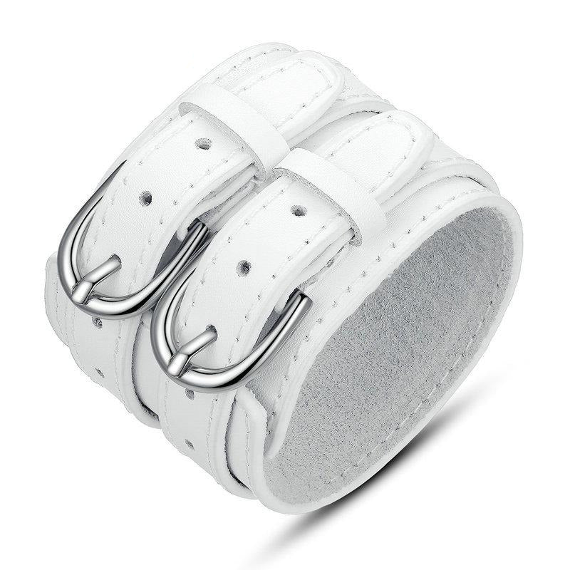 Double Belt Leather Wrist Wide Bracelet White - iRelax® Australia