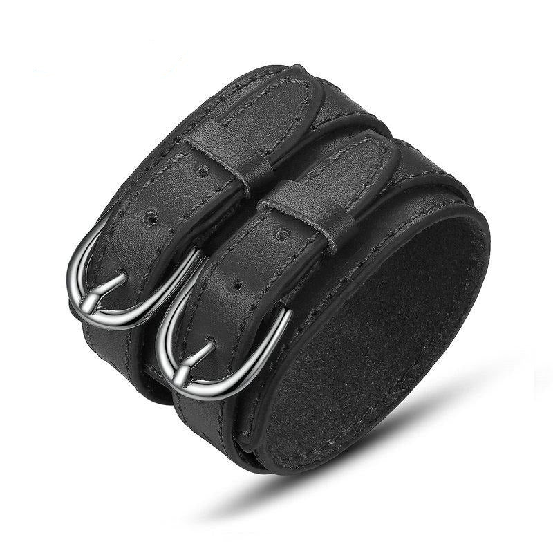Double Belt Leather Wrist Wide Bracelet Black - iRelax® Australia
