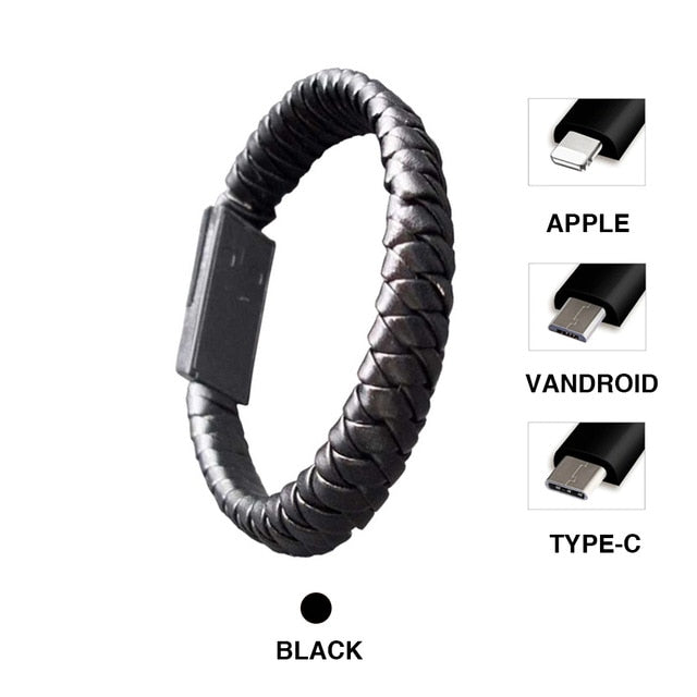 Wearable Braided USB Mobile Charging Leather Bracelet Black - iRelax® Australia