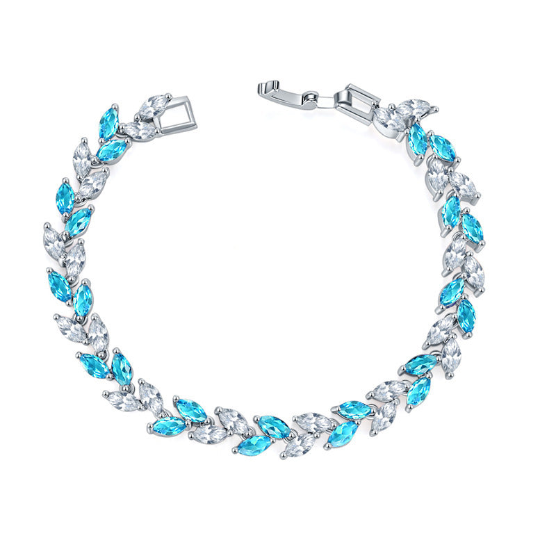 Colourful Crystal Willow Leaf Copper Zircon Bracelet White Gold Aquamarine(19cm) - iRelax® Australia