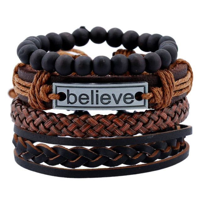 Punk Leather Handmade Charm Bracelet Believe with Black Beads - iRelax® Australia