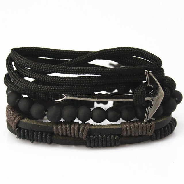 Punk Leather Handmade Charm Bracelet Anchor with Black Leather - iRelax® Australia
