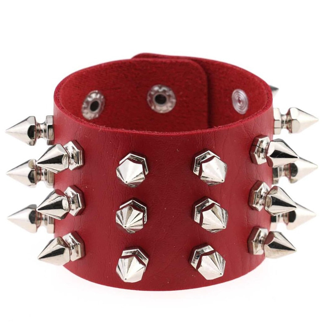Wide Leather Cuff Bracelet with Spikes Rivet Cone Stud Red - iRelax® Australia
