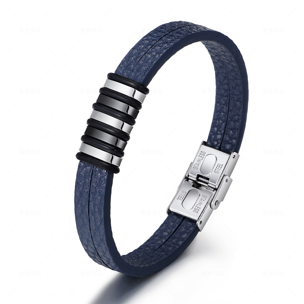Stainless Steel Men's Leather Bracelet Blue - iRelax® Australia