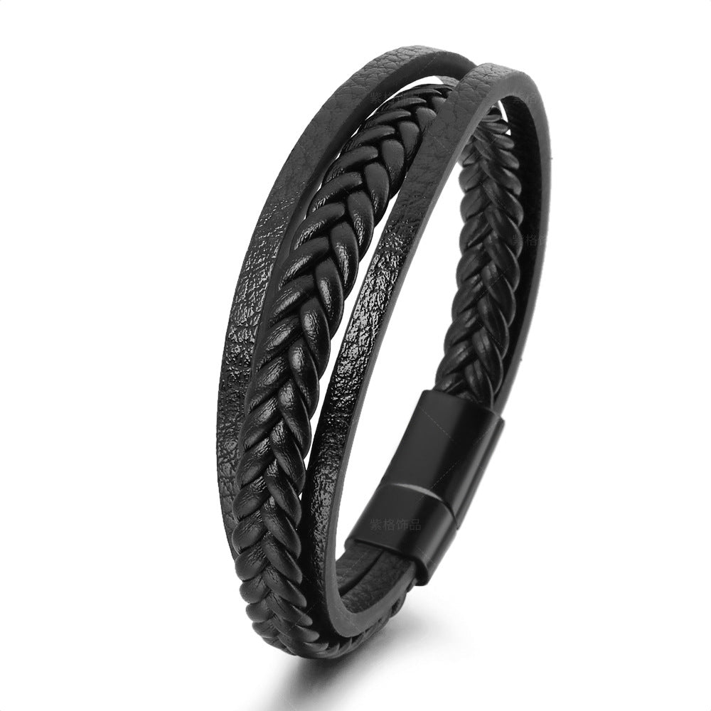 Vintage Leather Rope Braided Ethnic Wind Magnetic Buckle Bracelet Black - iRelax® Australia