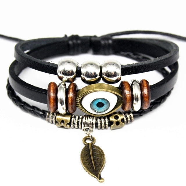 Punk Leather Handmade Charm Bracelet Black Leaf & Eye - iRelax® Australia