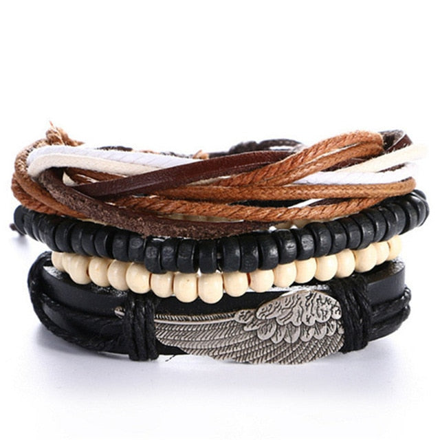 Punk Leather Handmade Charm Bracelet Wing with Black Beads - iRelax® Australia