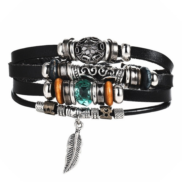 2pcs Tibet Stone Feather Multilayer Leather Bracelet Leaf & Stone - iRelax® Australia