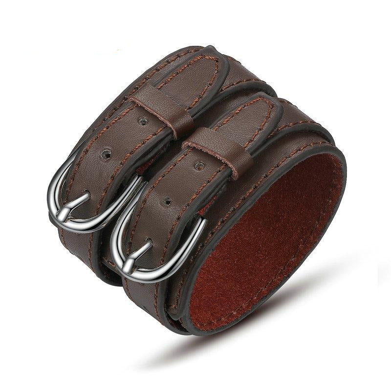 Double Belt Leather Wrist Wide Bracelet Brown - iRelax® Australia