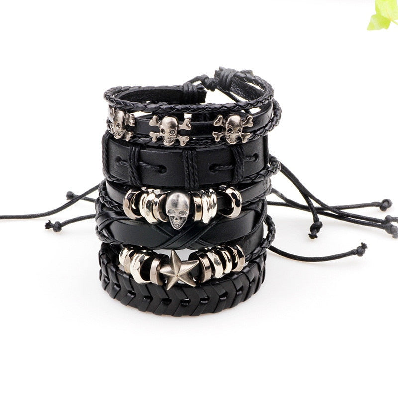 6pcs Black Wristband Genuine Leather Bracelet Set - iRelax® Australia