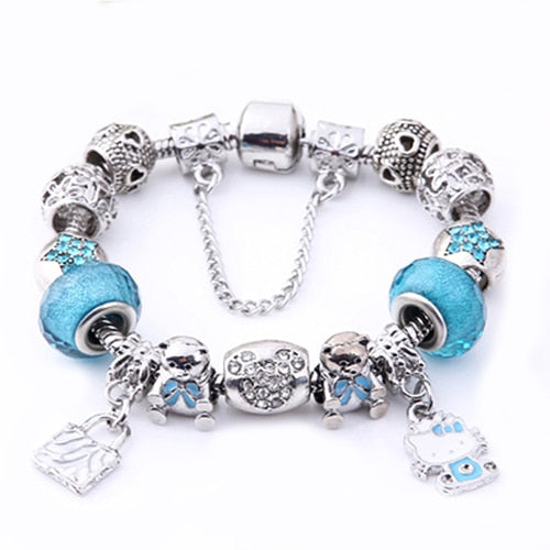 925 Sterling Silver Kitty Cat Charm Bracelet Sky Blue - iRelax® Australia