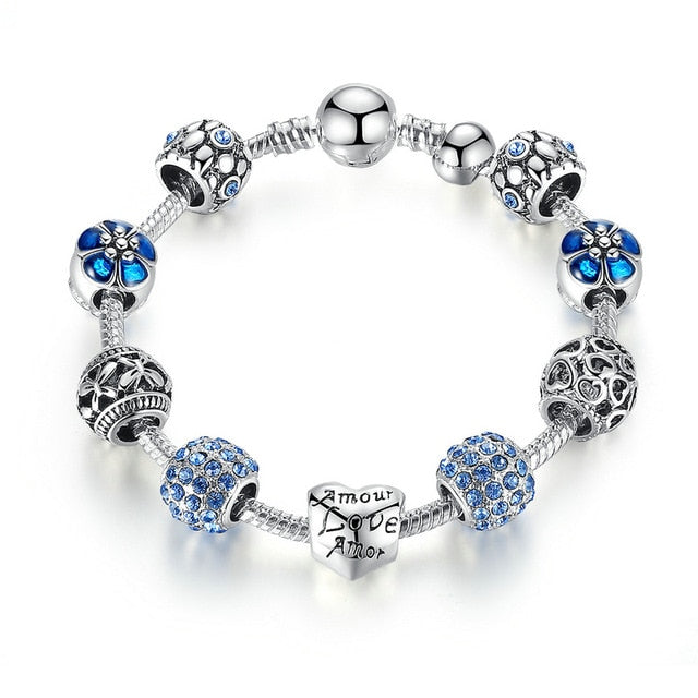 Silver Charm Bracelet with Love and Flower Beads Blue - iRelax® Australia
