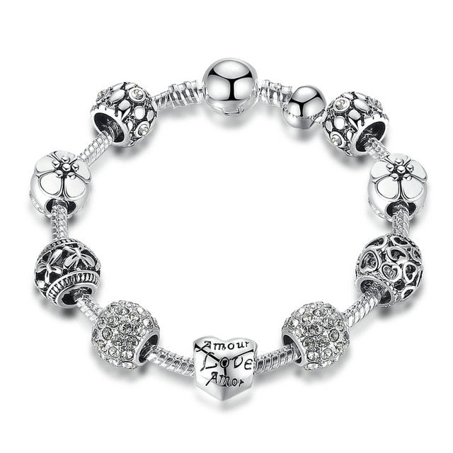 Silver Charm Bracelet with Love and Flower Beads Silver - iRelax® Australia