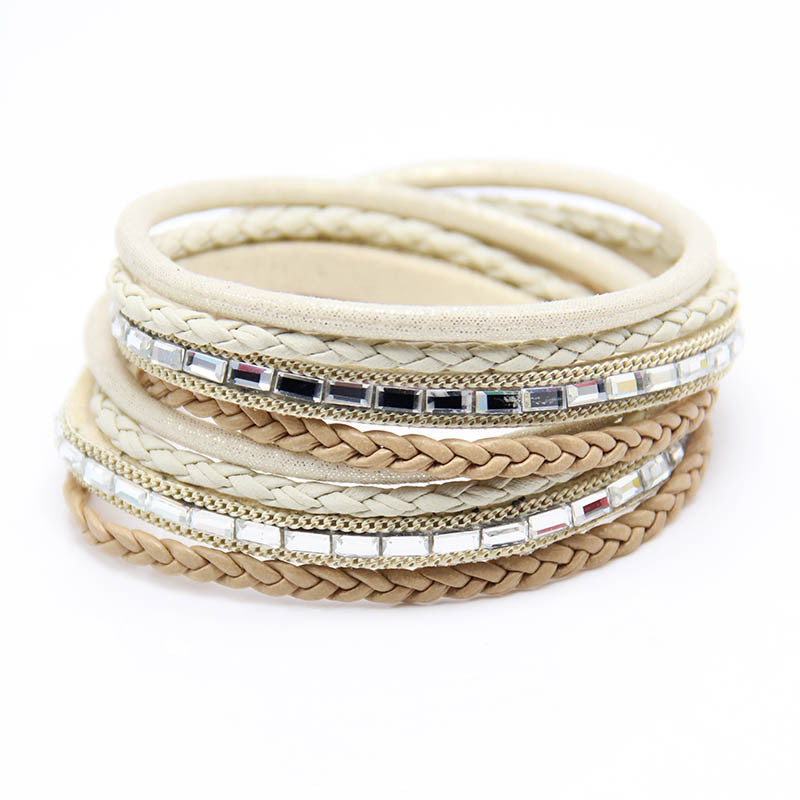 Hand Woven Women's Fashion Zinc Alloy Multi Layer Magnetic Leather Bracelet Khaki - iRelax® Australia