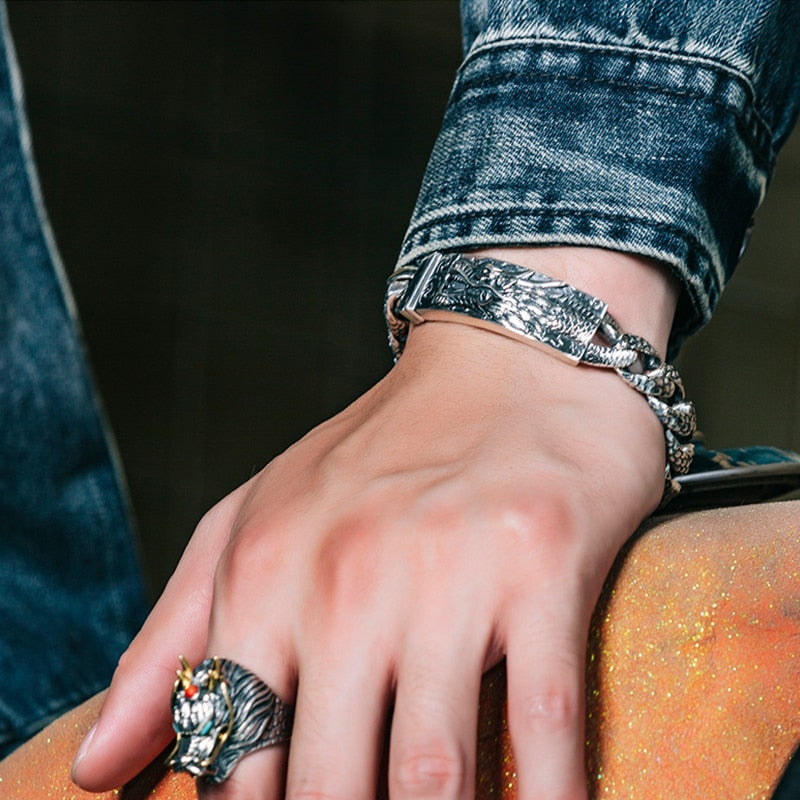 Handmade Male Domineering Dragon Head Silver Plated Bracelet - iRelax® Australia