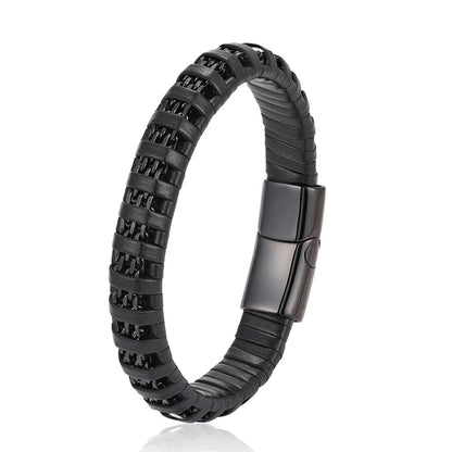 Retro Black Leather Woven Stainless Steel Bracelet