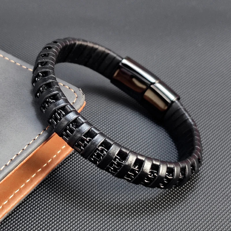 Retro Black Woven Leather 8mm Stainless Steel  Bracelet