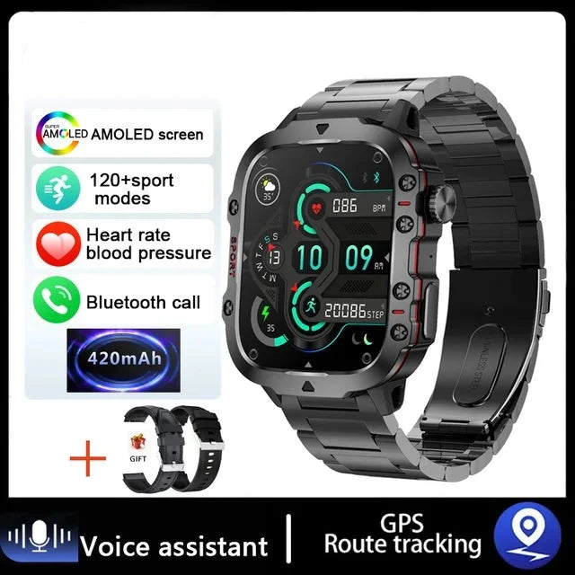 Rugged Military GPS Smart Watch AMOLED HD 1.96" Screen Steel Strip Black - iRelax® Australia