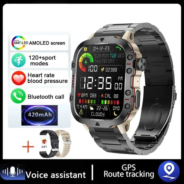 Rugged Military GPS Smart Watch AMOLED HD 1.96" Screen Steel Strip Black 1 - iRelax® Australia