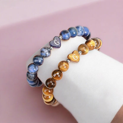 A-Z Initial Heart Shape Natural Stone Beads Bracelet