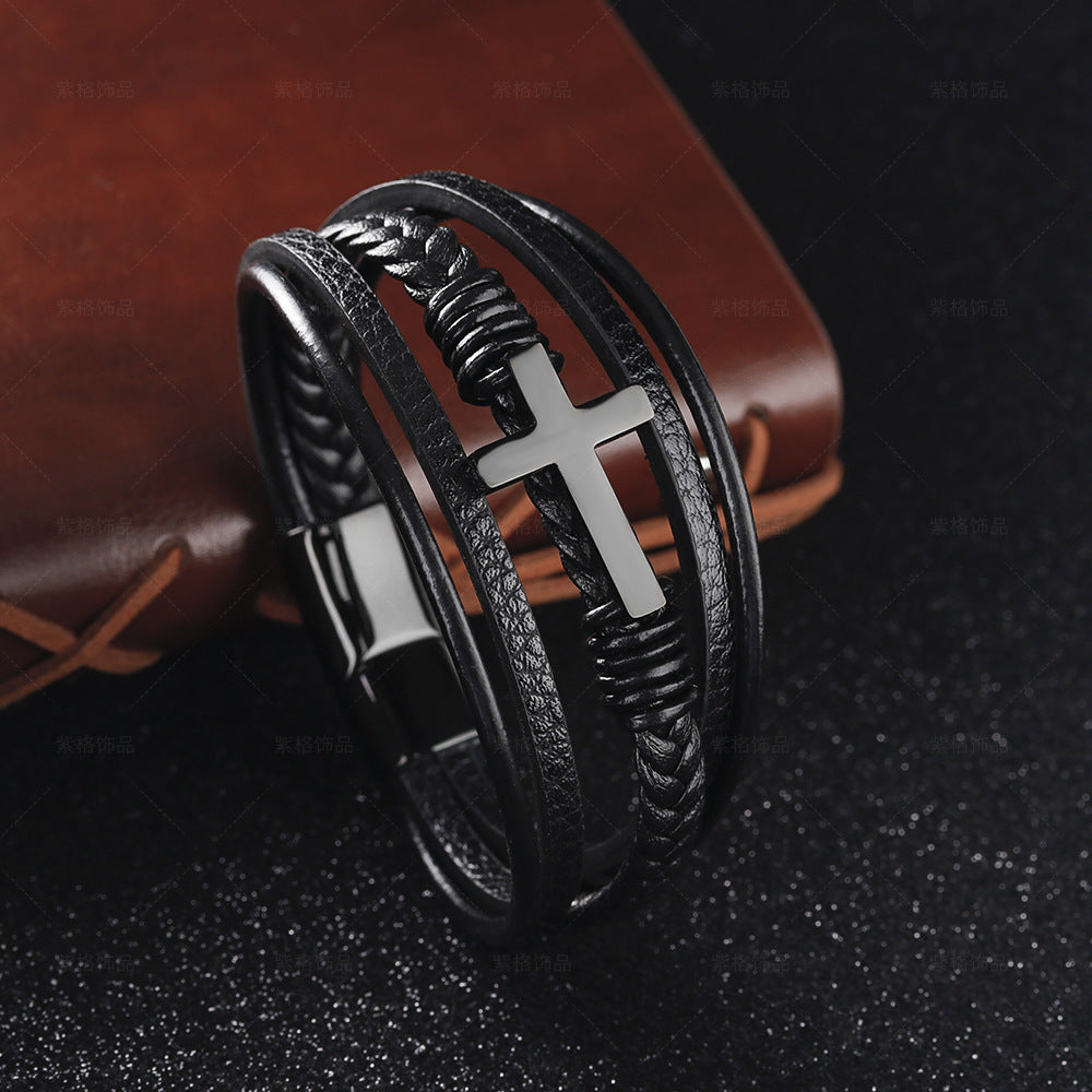 Braided Handmade Leather Magnetic Buckle Titanium Steel Cross Bracelet